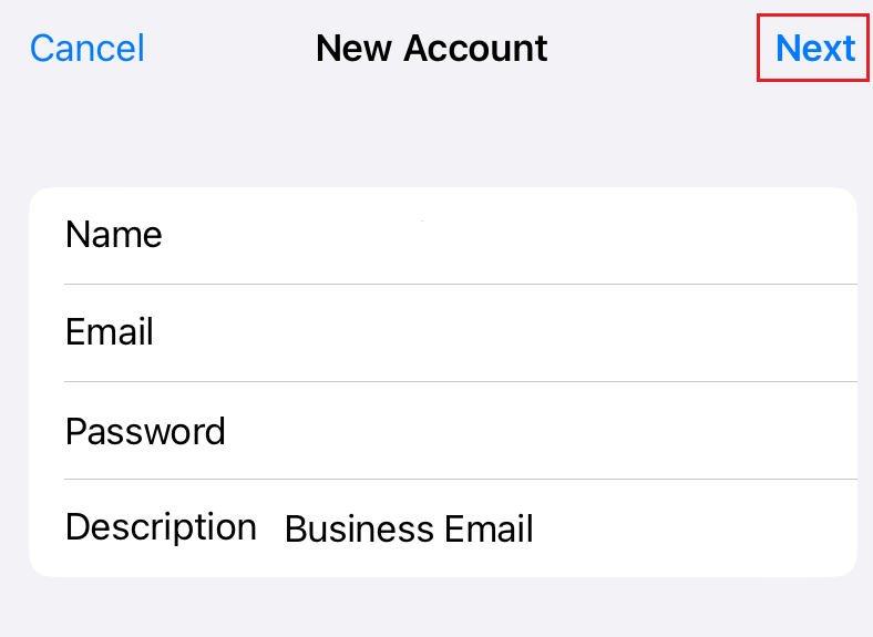 New account details - Next