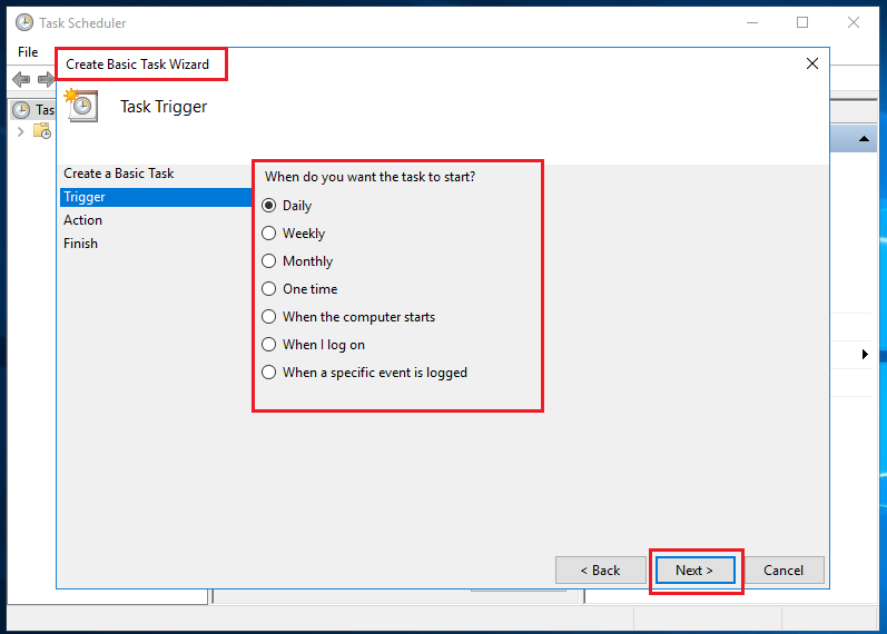Creating a task trigger - Task scheduler