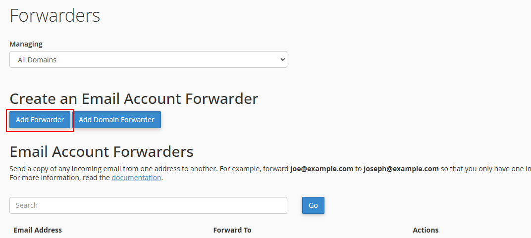 Add email forwards in cPanel