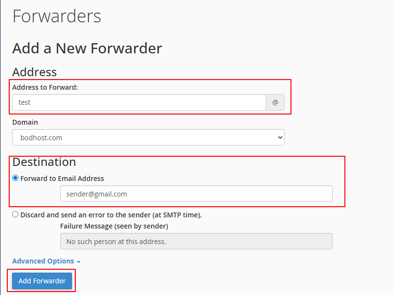 Send email forwards in cpanel